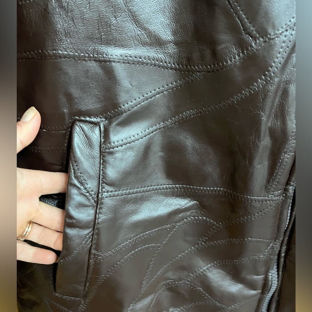 Vtg 90s Brown Patchwork Leather Removable Furry L… - image 3